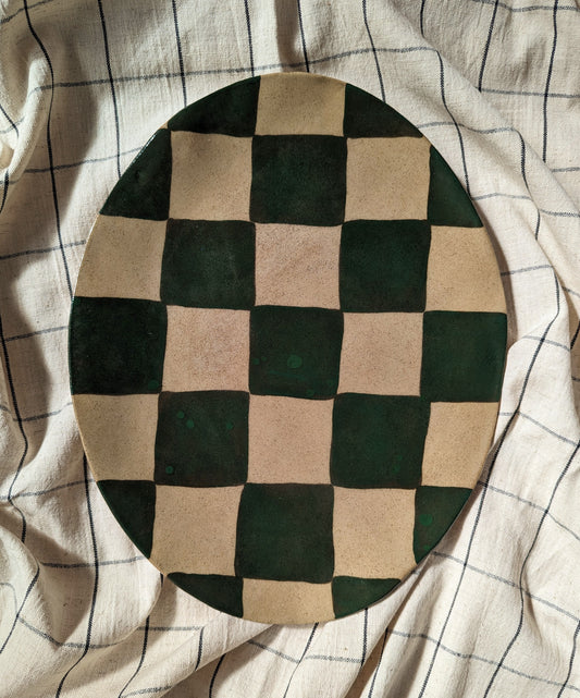 Green Oval Check Platter