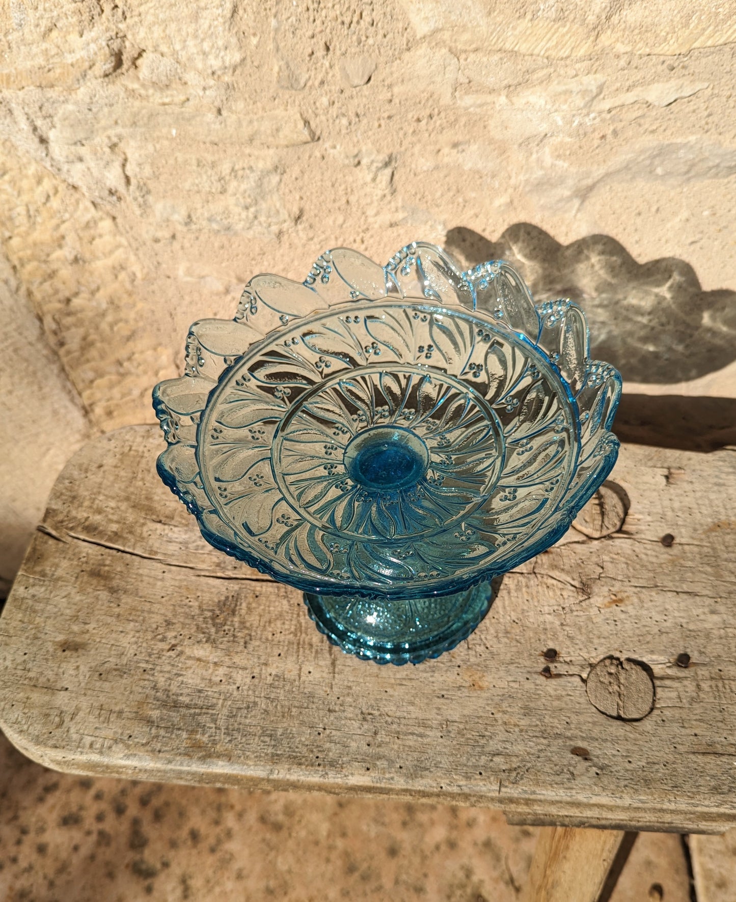 Blue Glass Scalloped Pedastal Bowl