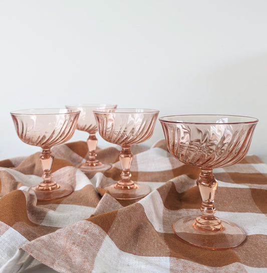 Set of Four French Vintage Pink Glass Champagne Coupe Glasses