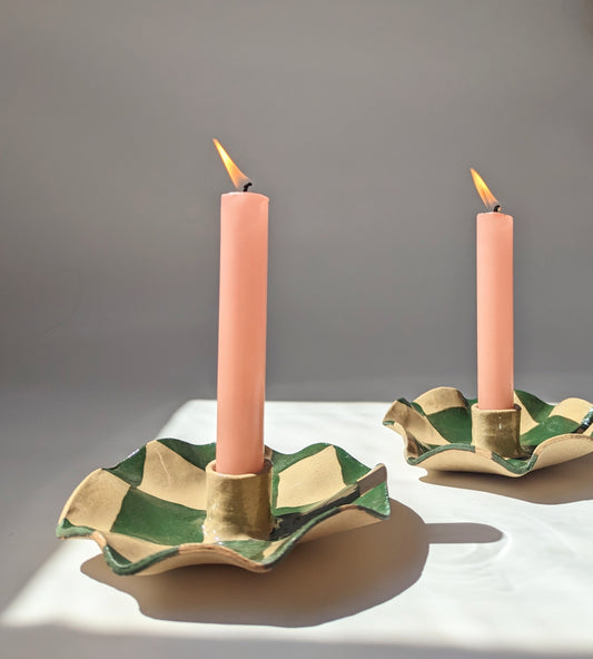 Green Checked Scalloped Candle Holders