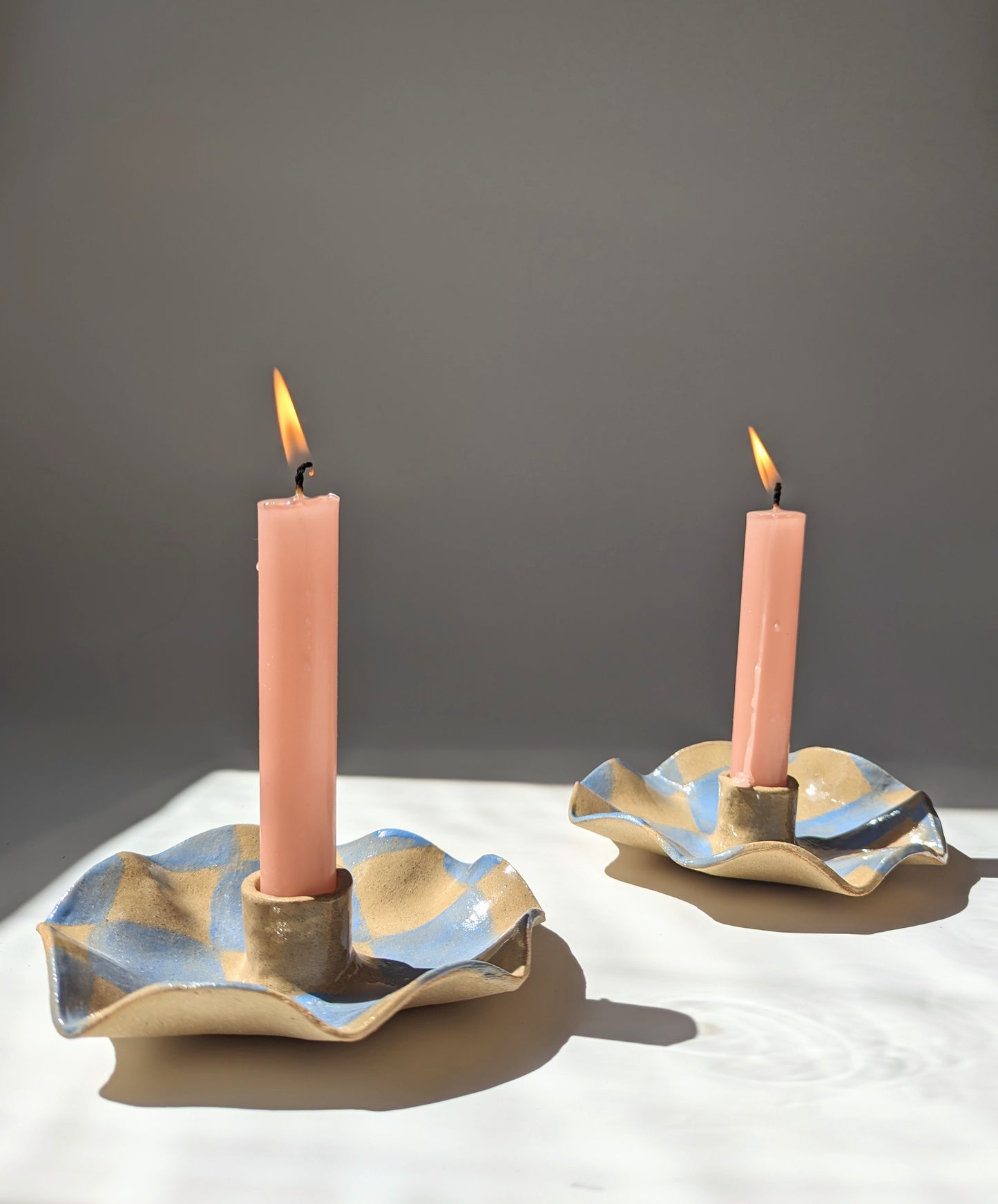 Baby Blue Checked Scalloped Candle Holders