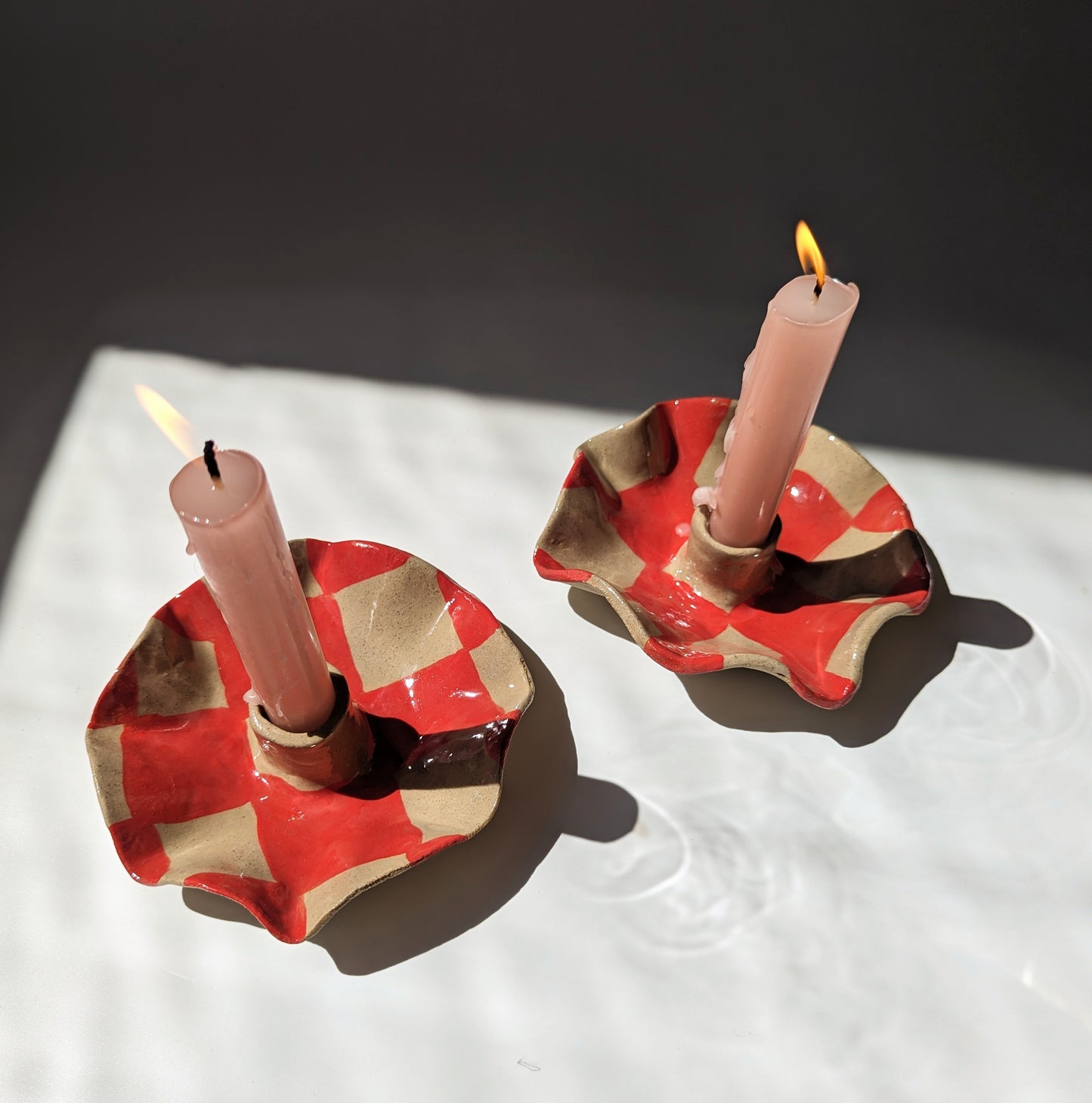 Red Checked Scalloped Candle Holders