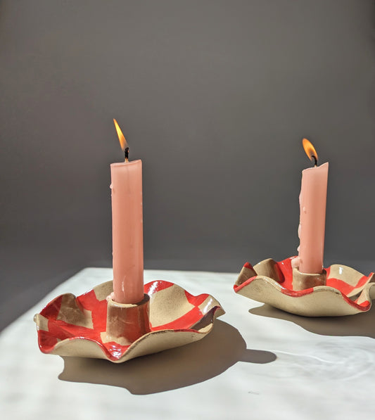 Red Checked Scalloped Candle Holders