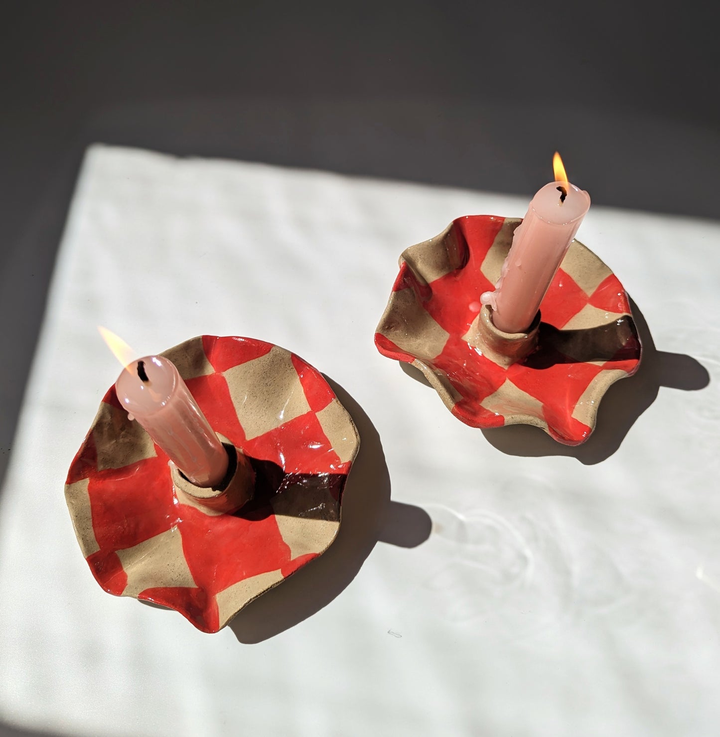 Red Check Scalloped Candle Holders