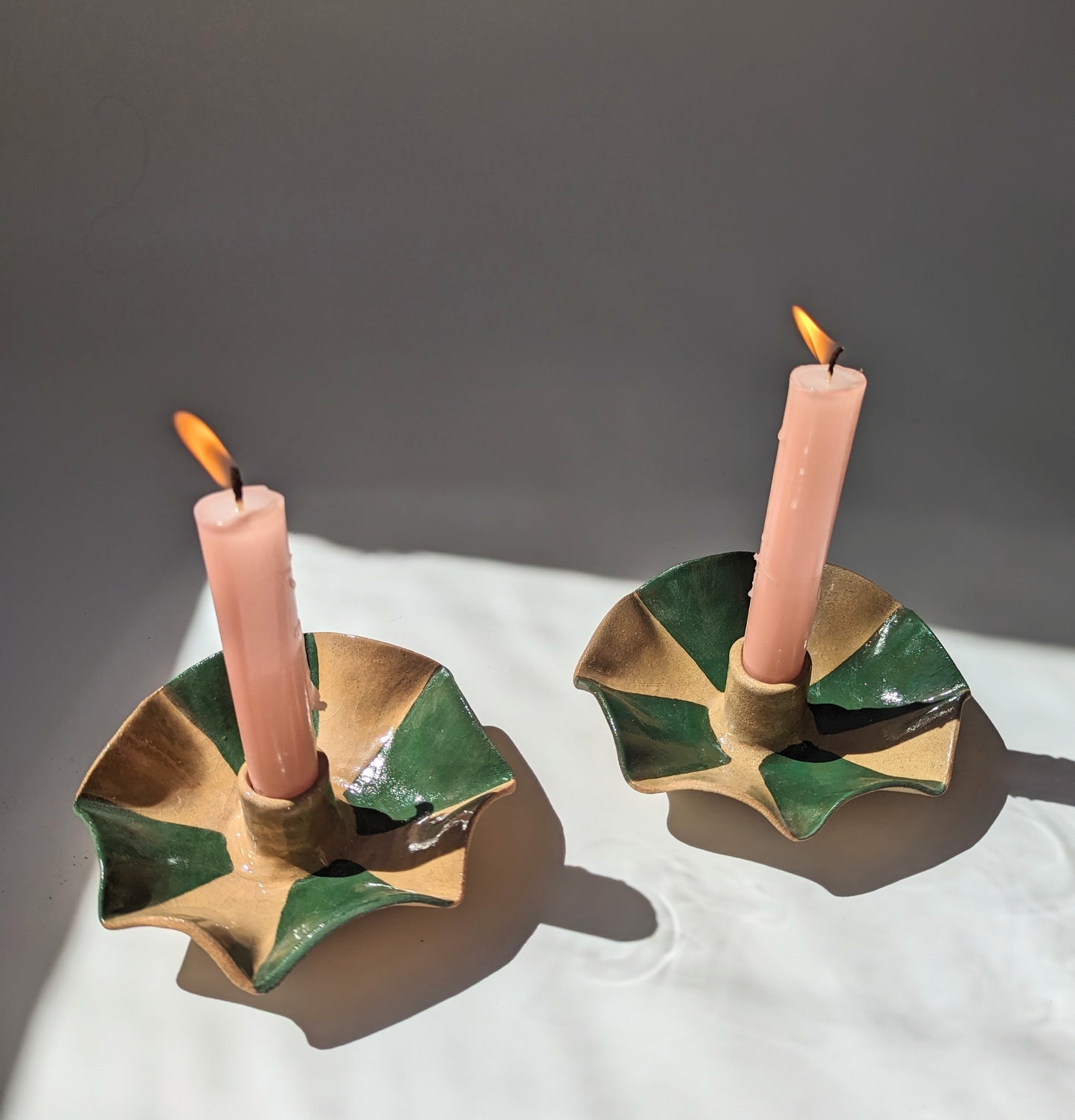 Green Stripe Scalloped Candle Holders