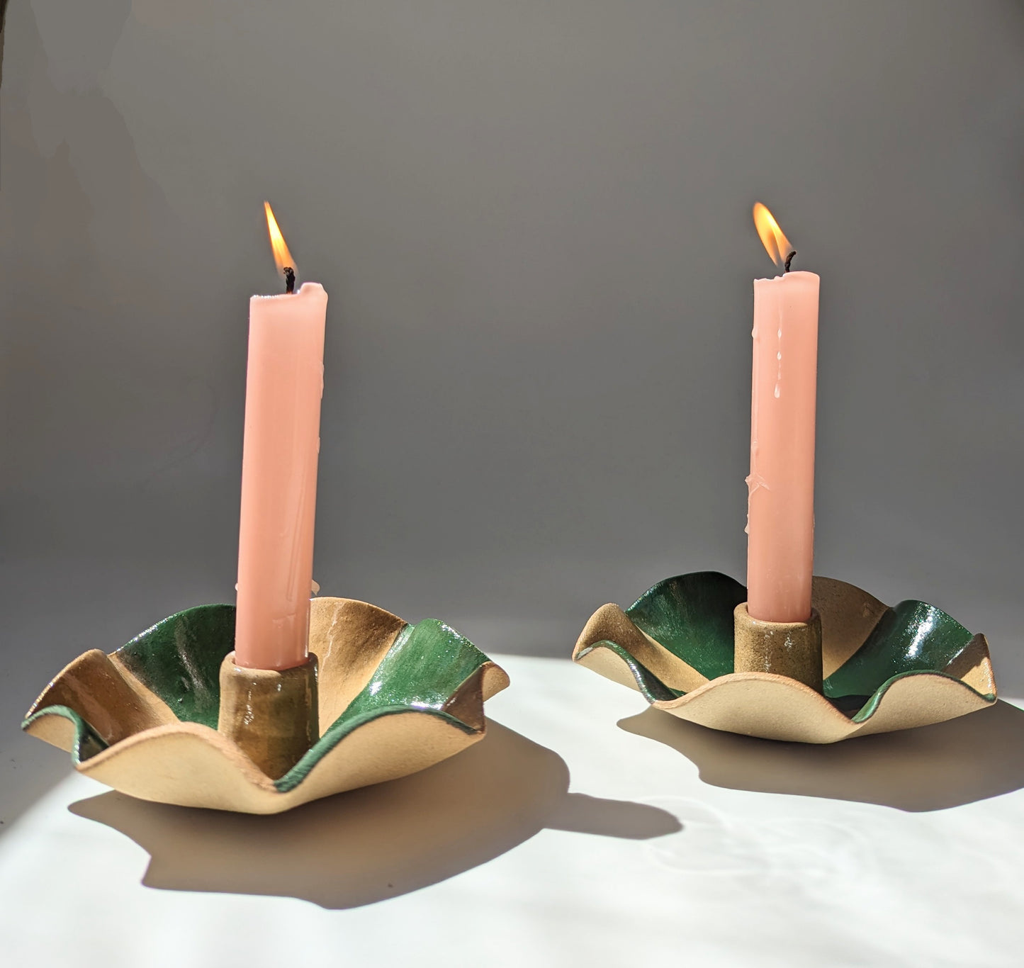 Green Stripe Scalloped Candle Holders