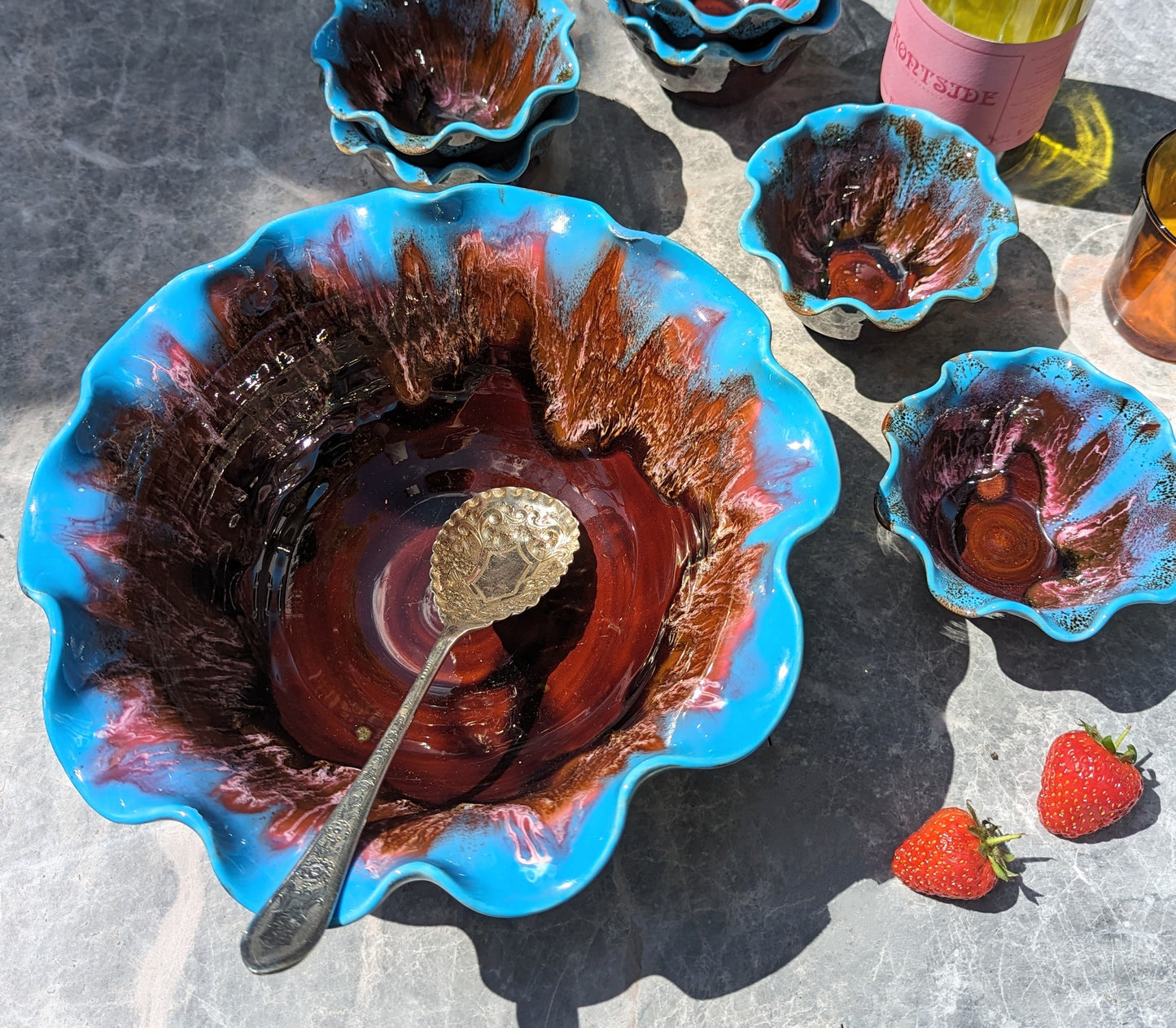 1950's Large Wavy Frill Serving Bowl & Six Side Bowls