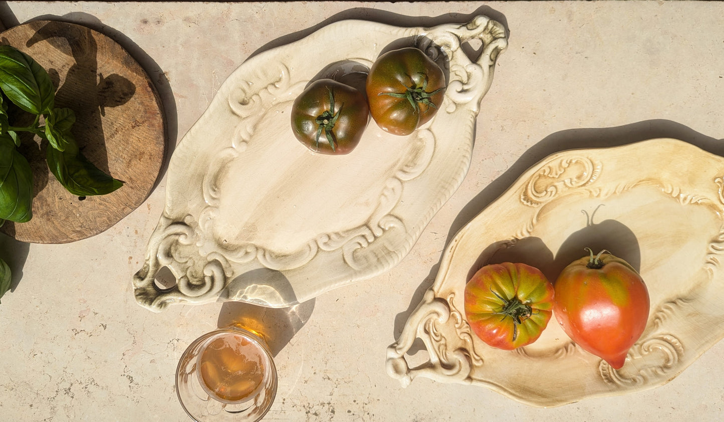 Pair of Olive Green & Amber Glaze Washed Patterned French Serving Platters