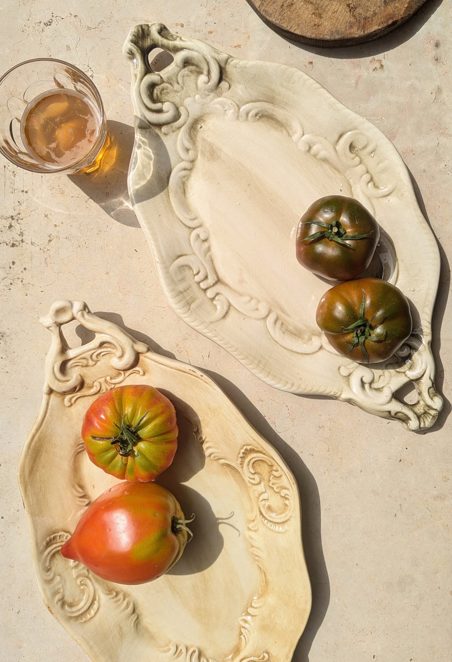 Pair of Olive Green & Amber Glaze Washed Patterned French Serving Platters