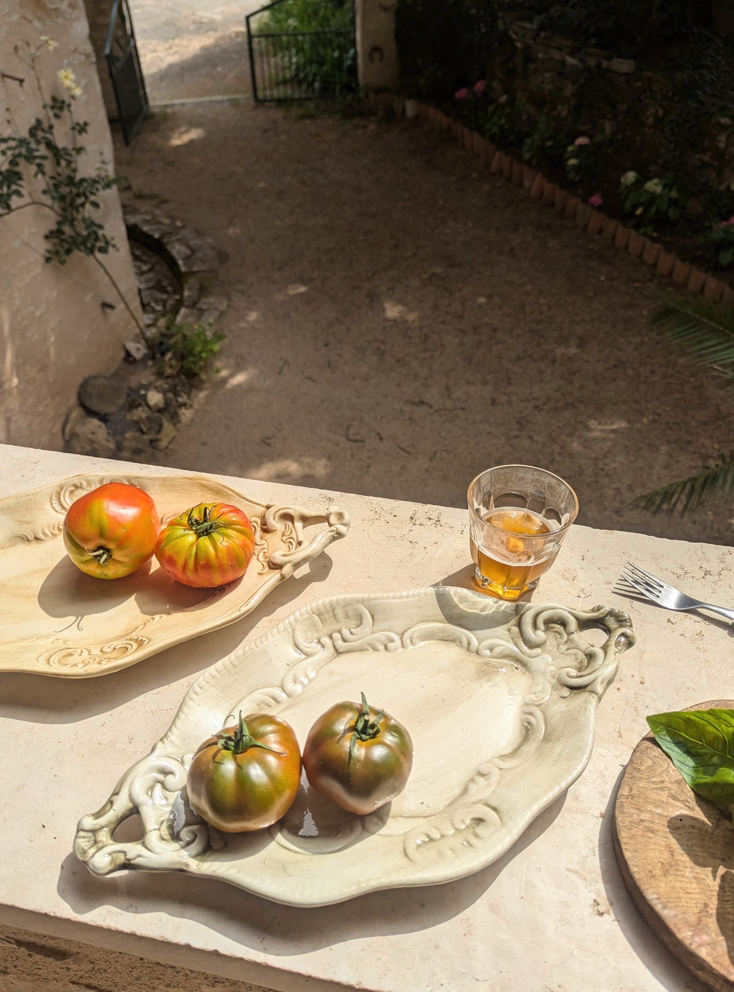 Pair of Olive Green & Amber Glaze Washed Patterned French Serving Platters