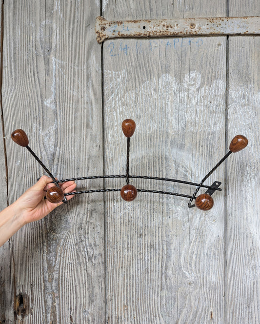 French Twisted Iron & Wooden Coat Hooks