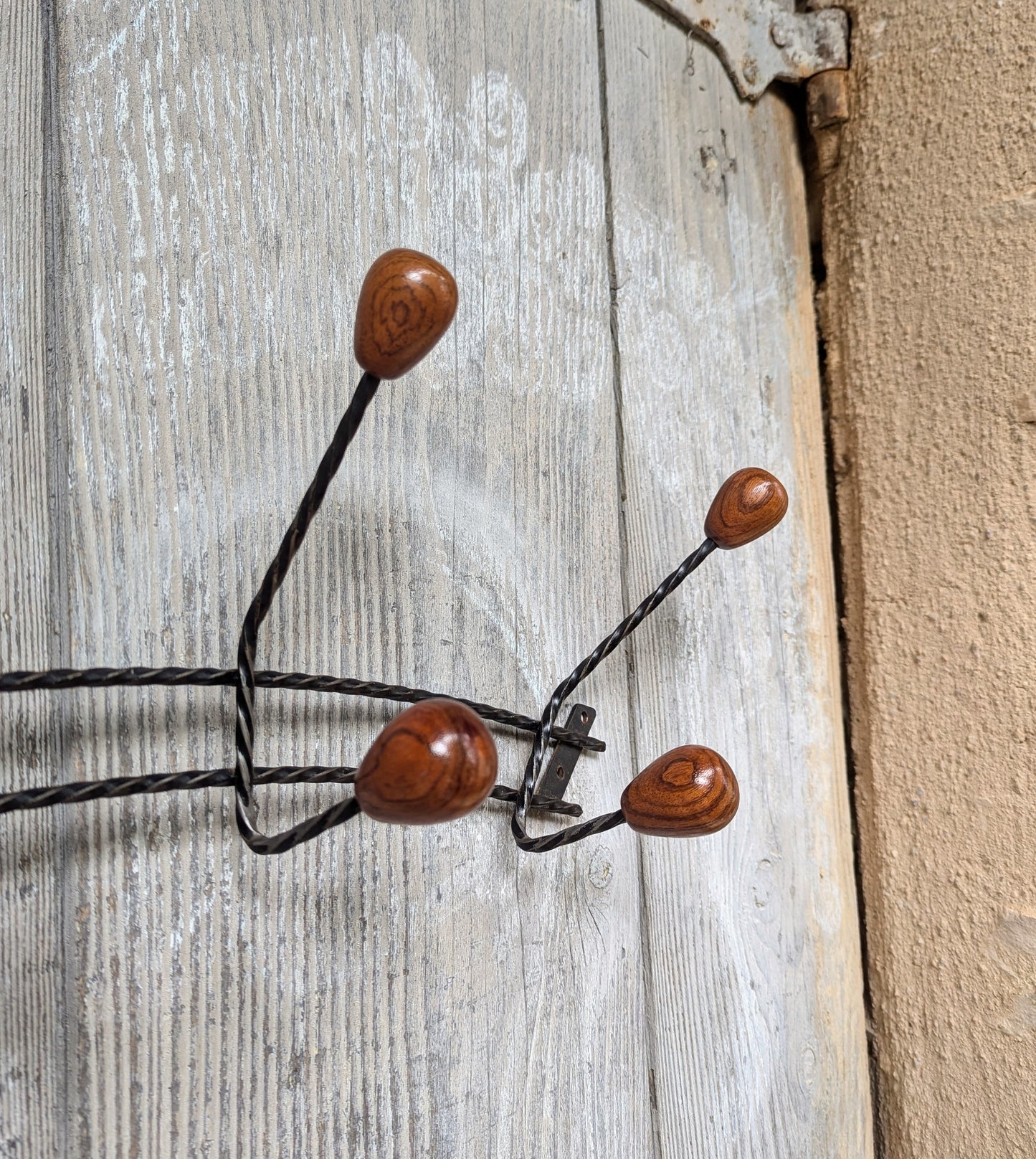 French Twisted Iron & Wooden Coat Hooks