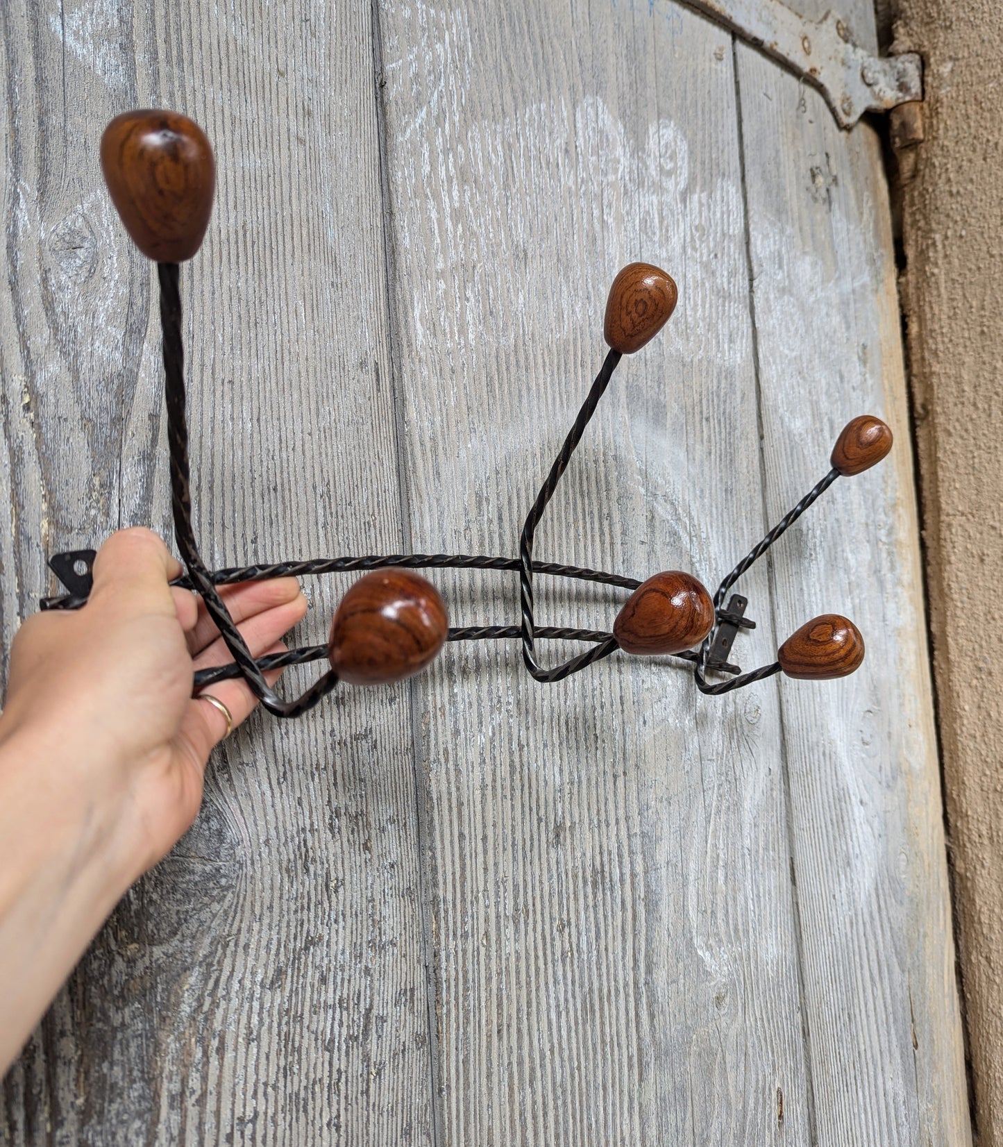 French Twisted Iron & Wooden Coat Hooks