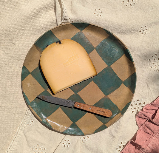 Green Round Check Serving Platter