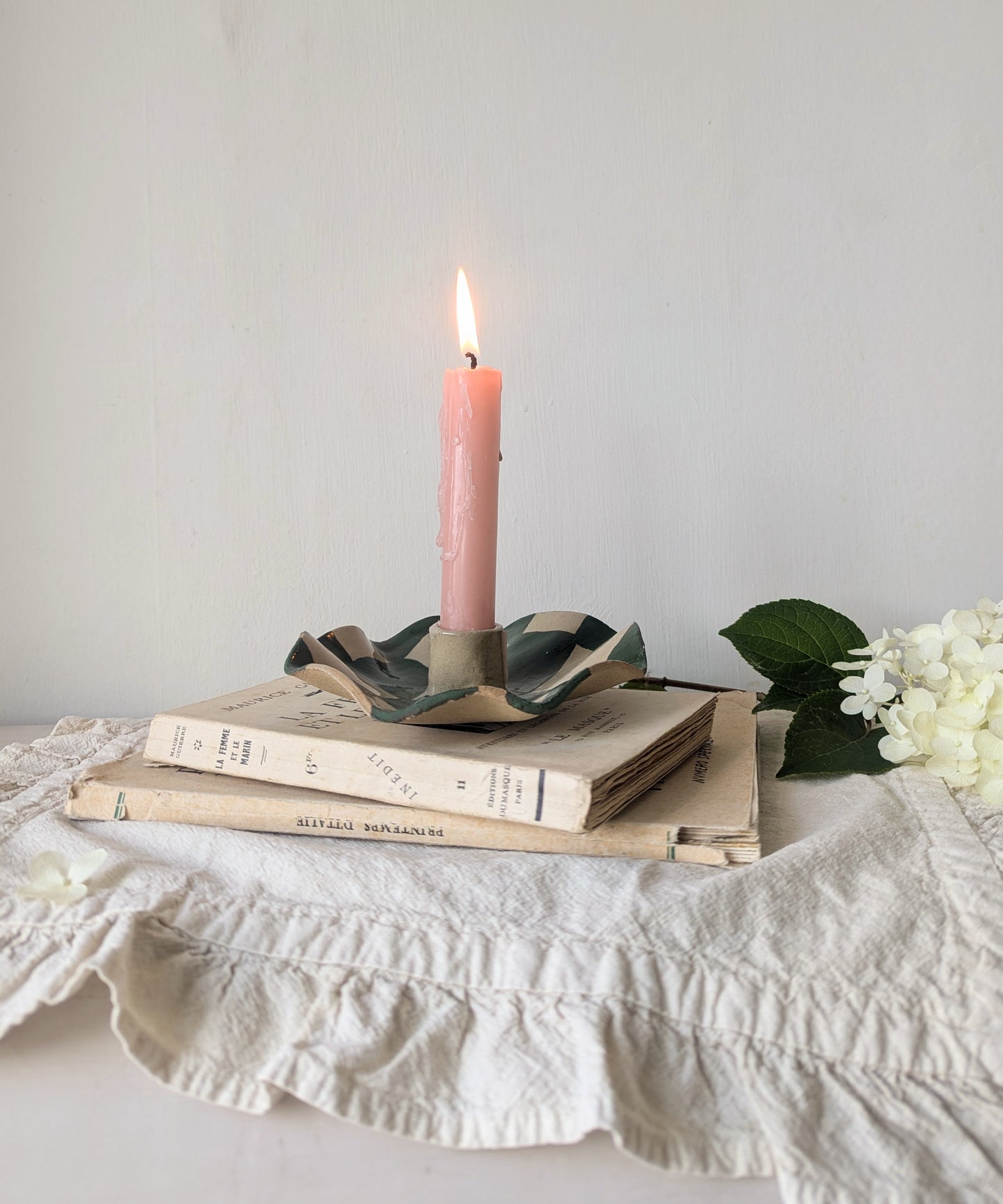 Green Checked Scalloped Candle Holders