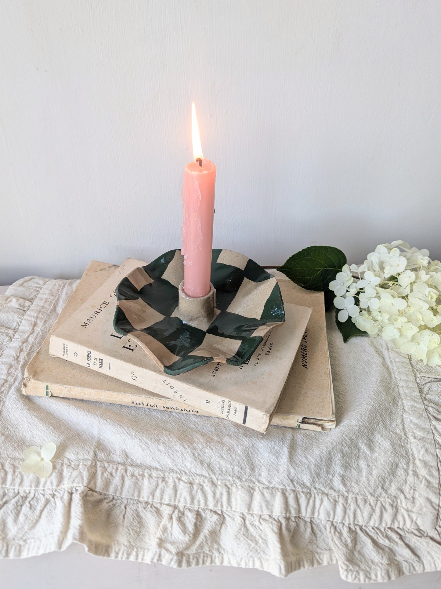 Green Checked Scalloped Candle Holders