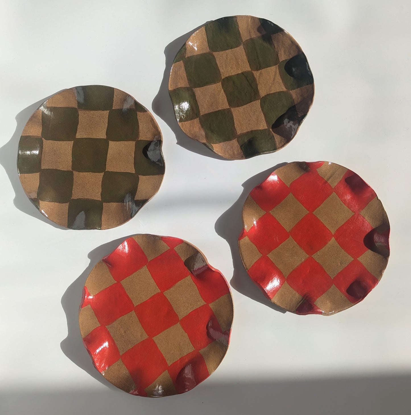 Set of 4 Red & Smokey Olive Wavy Check Side Plates