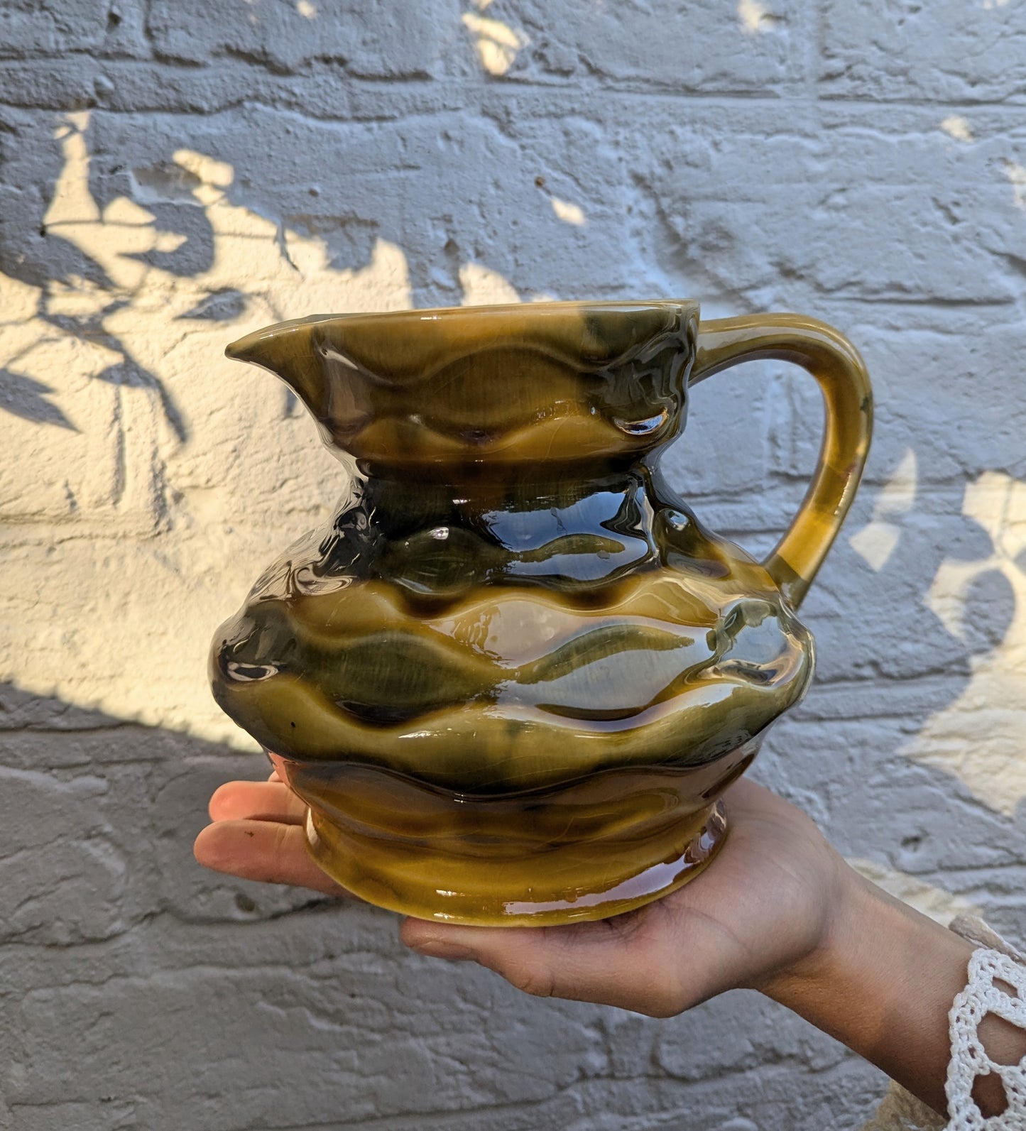 French Green & Yellow Textured Vintage Jug