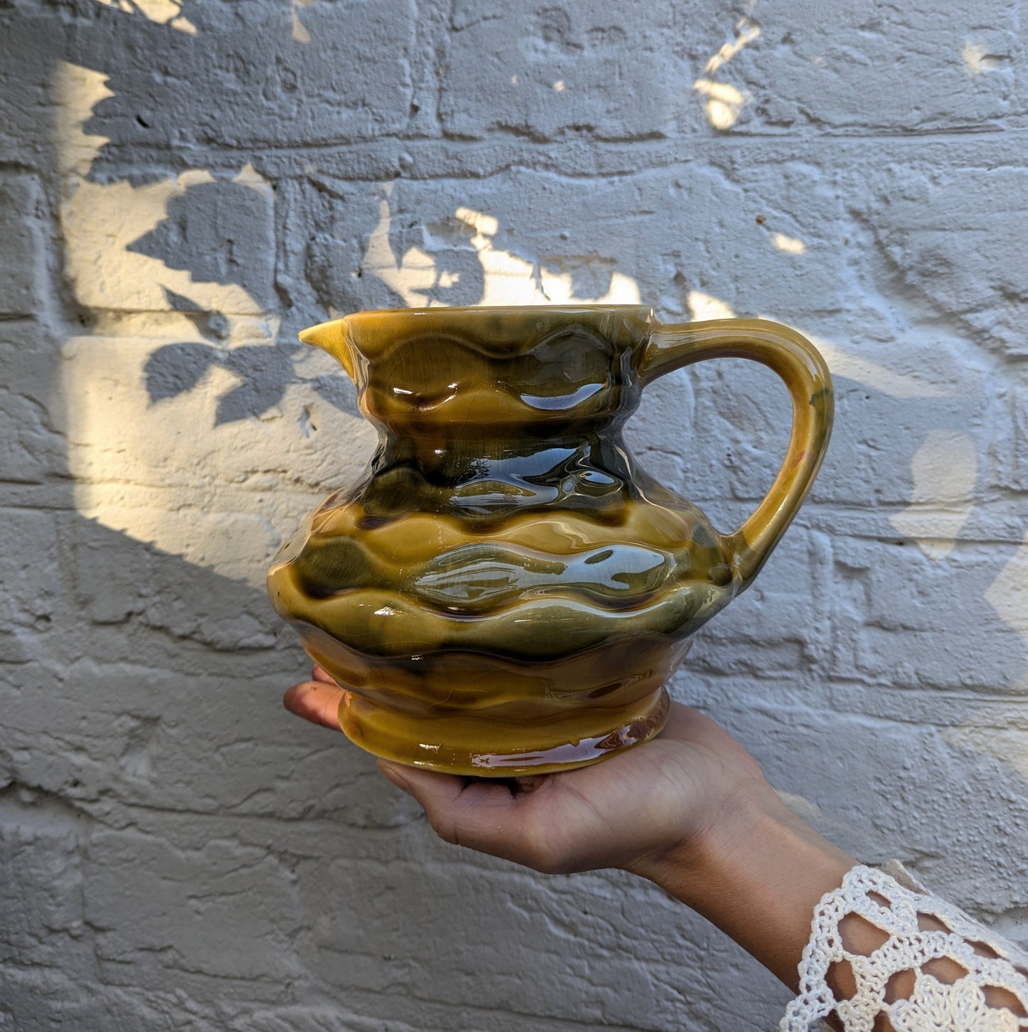 French Green & Yellow Textured Vintage Jug