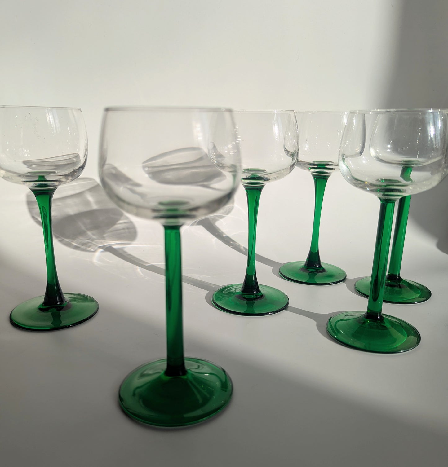 Set of Six Green Stemmed French Wine Glasses