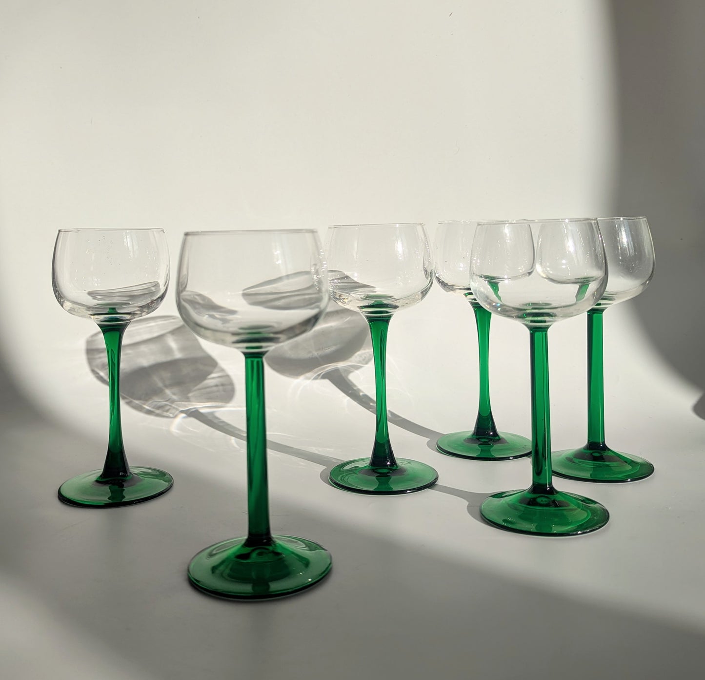 Set of Six Green Stemmed French Wine Glasses