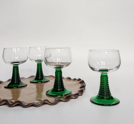 Set of Four Vintage Green Ribbed Stemmed Wine Glasses