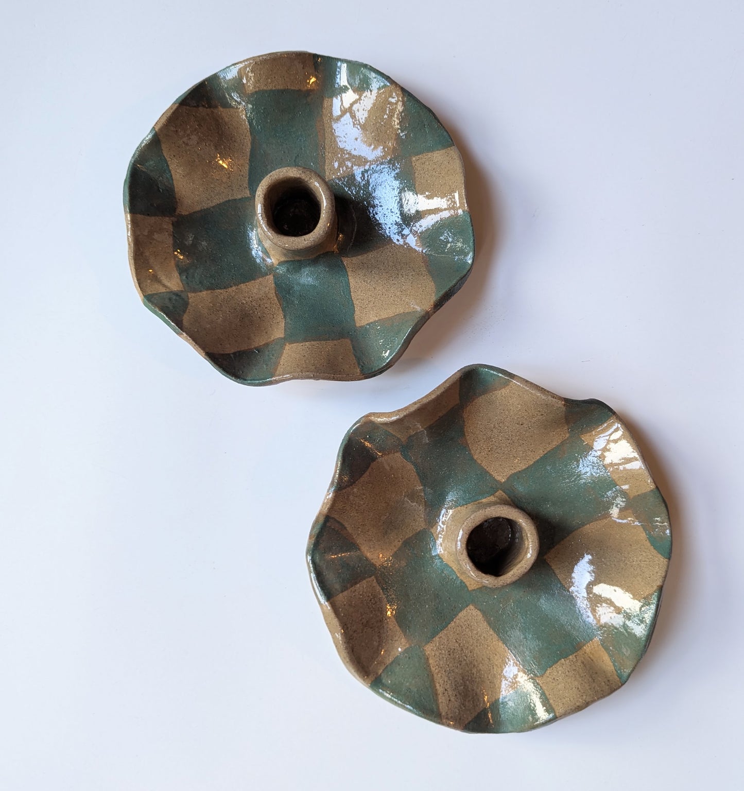 Pair of Green Check Scalloped Seconds Candle Holders