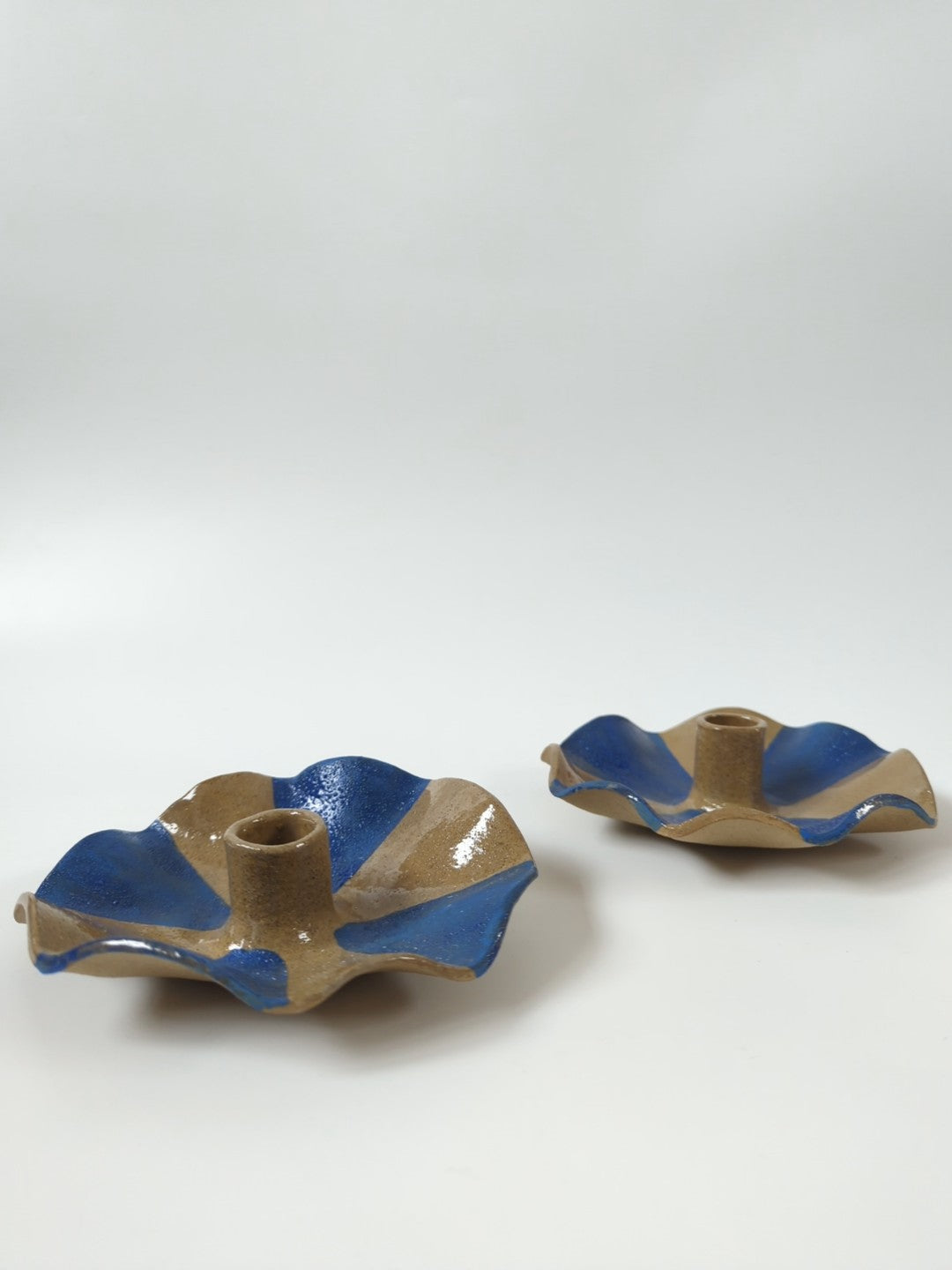 Pair of Blue Stripe Scalloped Seconds Candle Holders