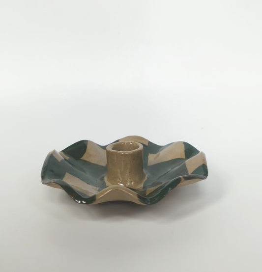 Green Check Scalloped Candle Holder