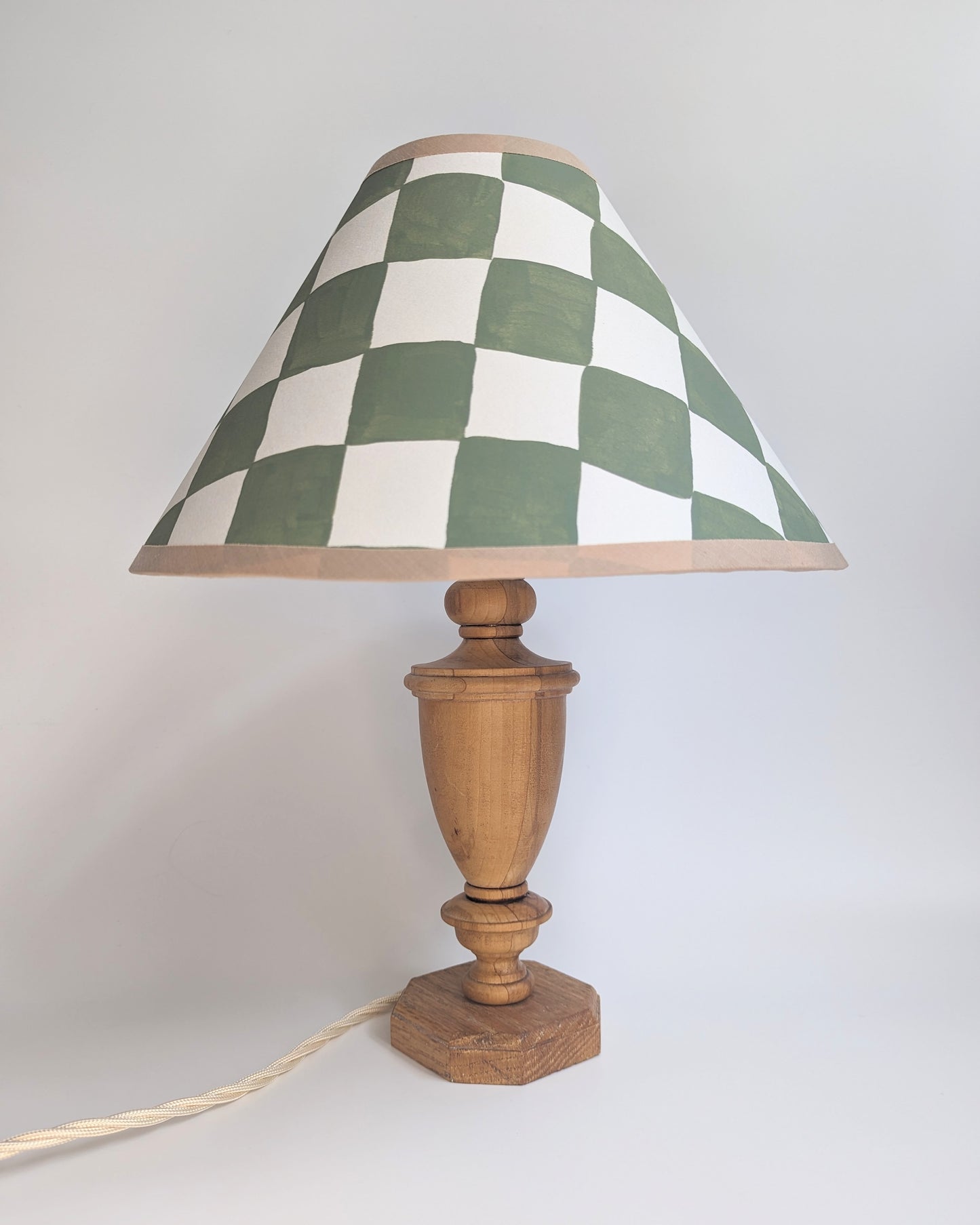 A Pair of Green & Cream Checkerboard Hand Painted Lampshades