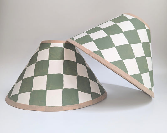 A Pair of Green & Cream Checkerboard Hand Painted Lampshades