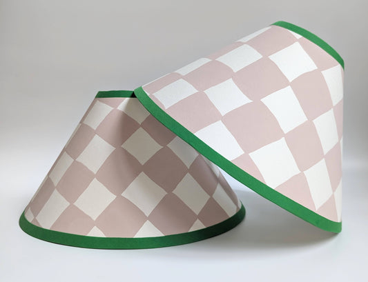 A Pair of Plaster Pink & Emerald Checkerboard Hand Painted Coolie Lampshades