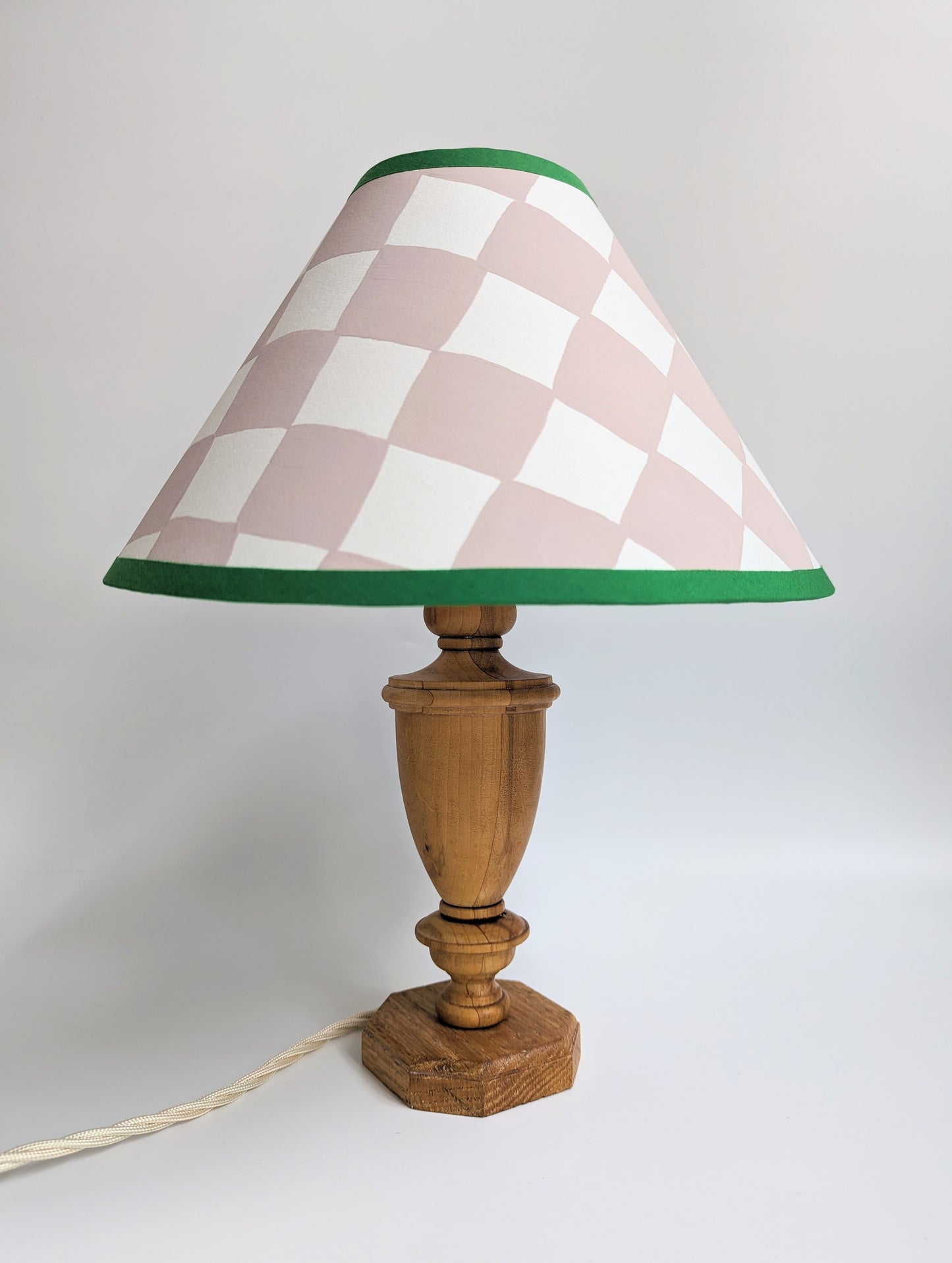 A Pair of Plaster Pink & Emerald Checkerboard Hand Painted Lampshades