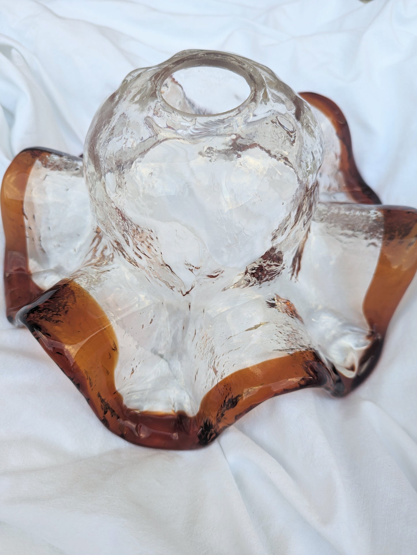 Vintage Danish Hand Blown Clear Glass with Amber Wavy Edges