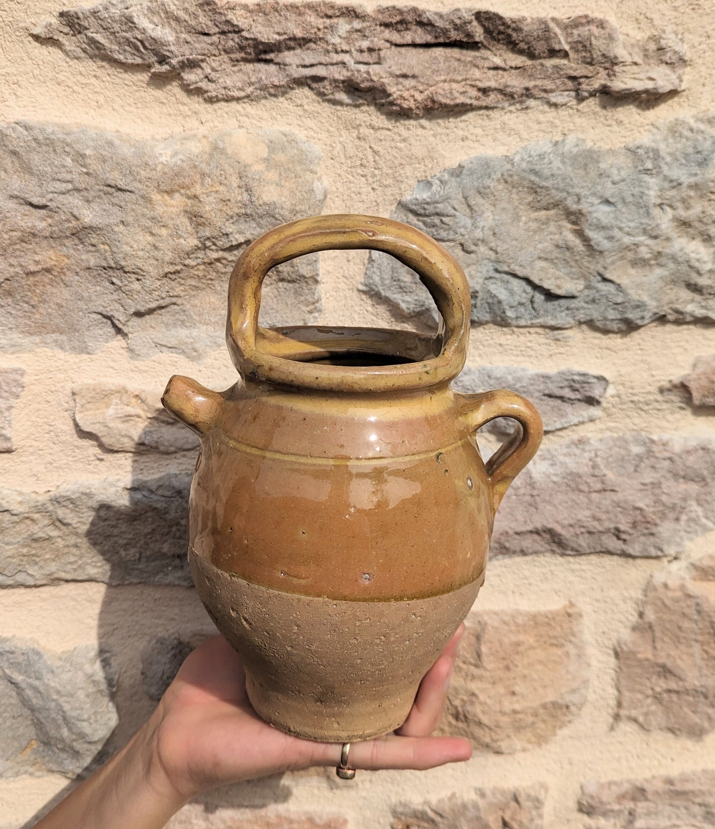 French Clay Water Jug with Mustard Glaze