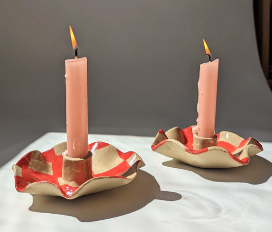 Red Checked Scalloped Candle Holders