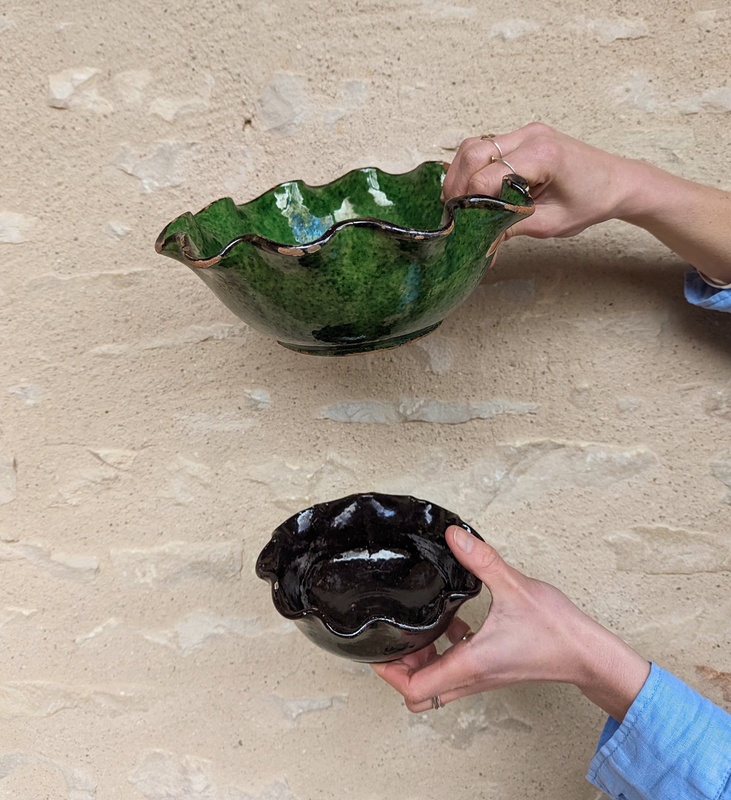 Pair of Vintage French Green & Black Scalloped Bowls