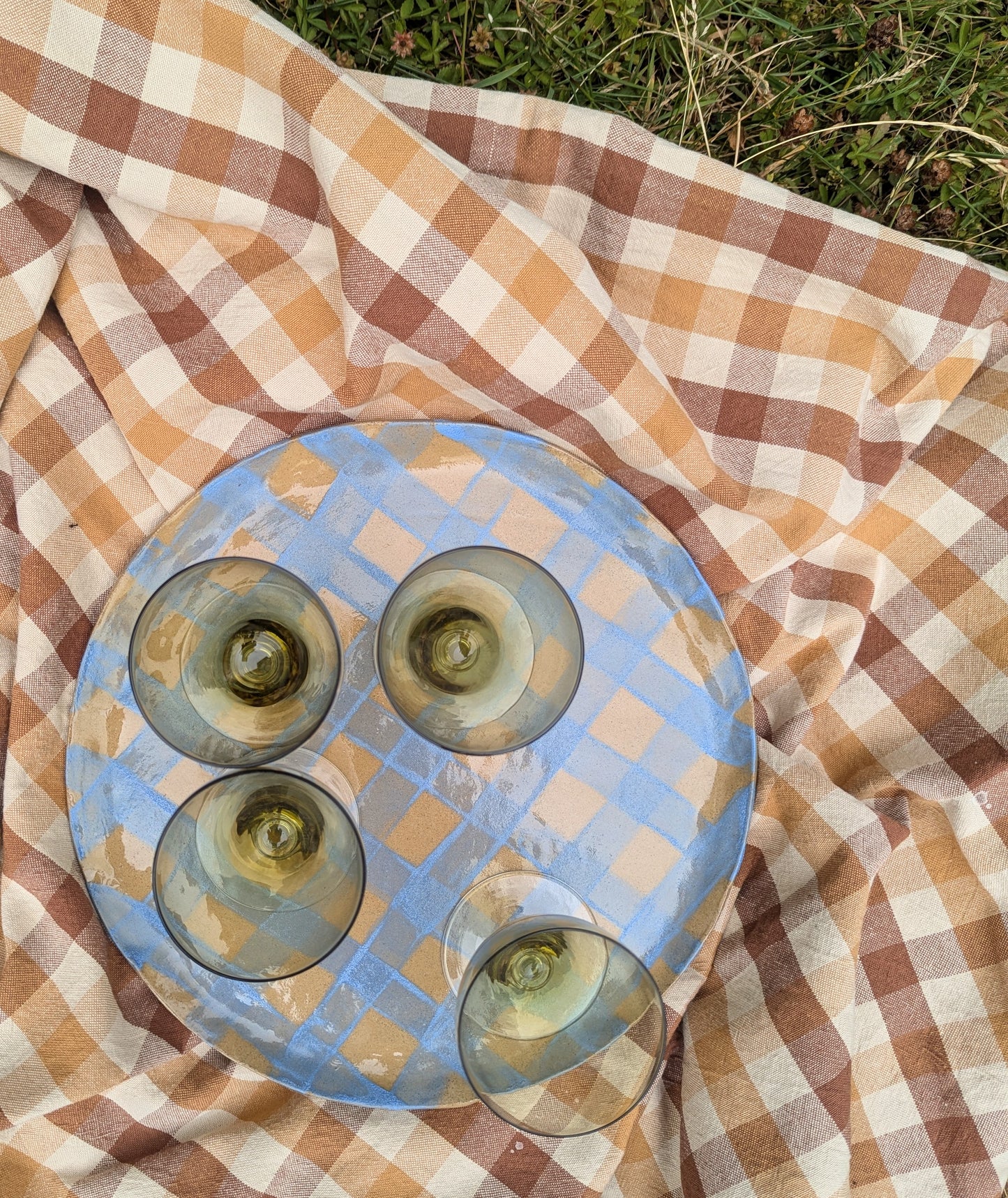 Set of Four French Vintage Olive Green Stem Glasses