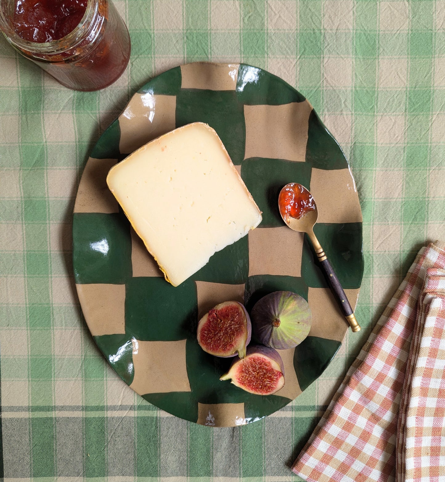 Green Wavy Oval Check Serving Platter
