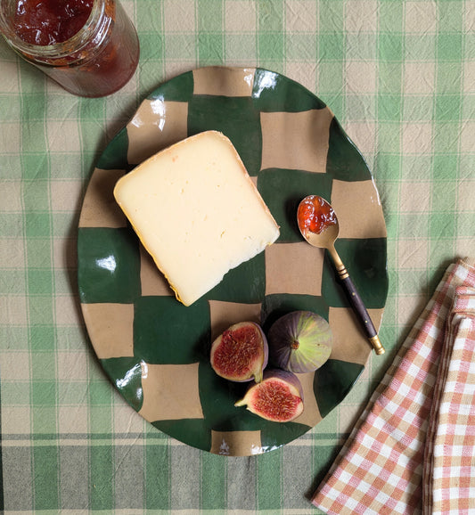 Green Wavy Oval Check Serving Platter