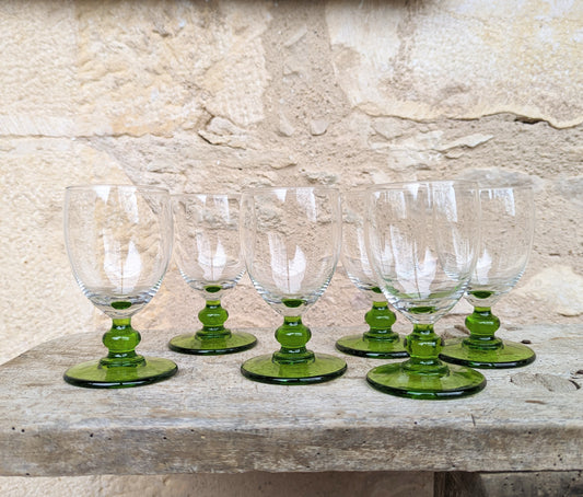 Set of Six Green Stemmed White Wine Glasses