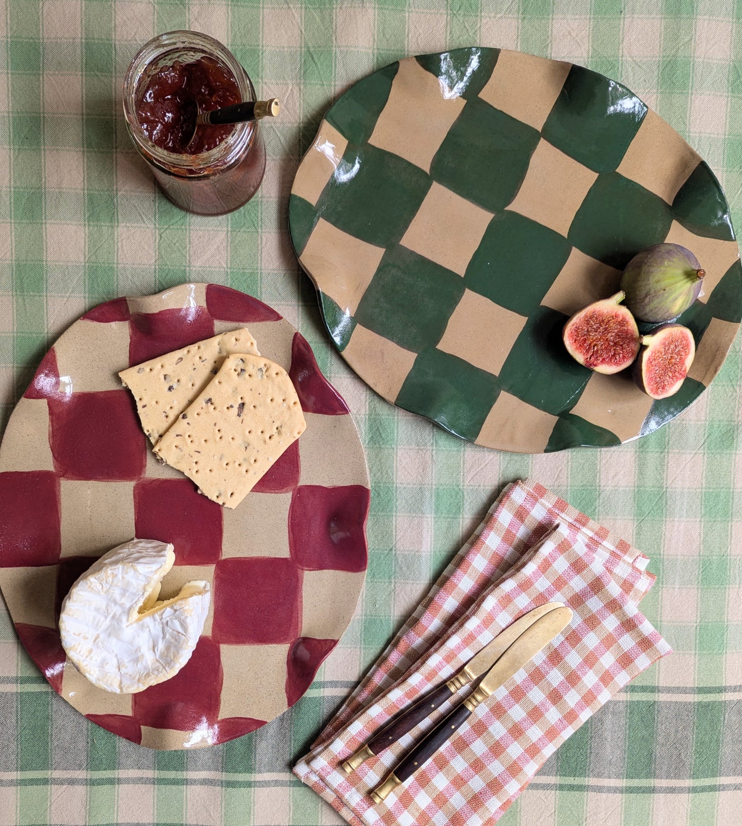 Green Wavy Oval Check Serving Platter