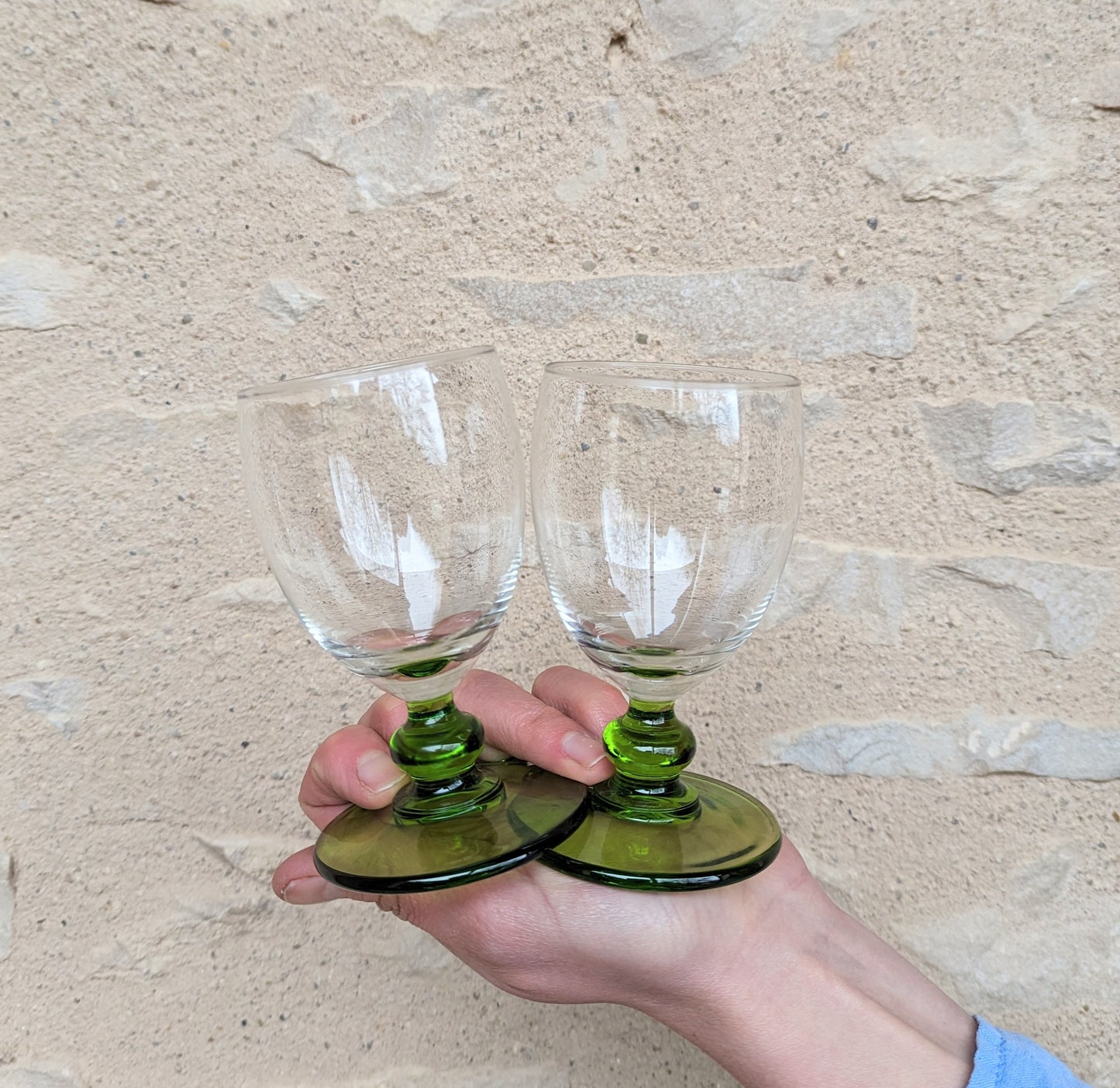Set of Six Green Stemmed White Wine Glasses