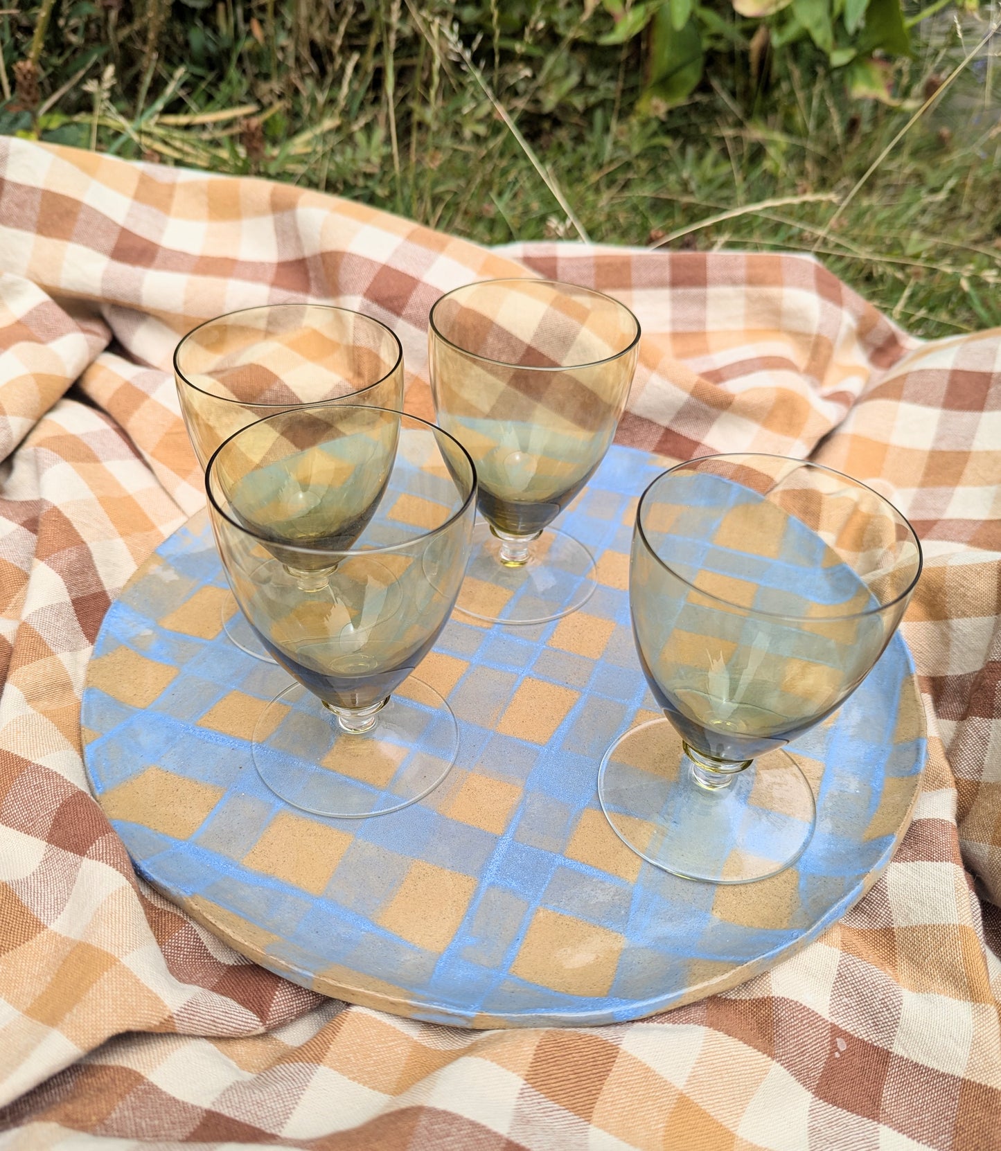 Set of Four French Vintage Olive Green Stem Glasses
