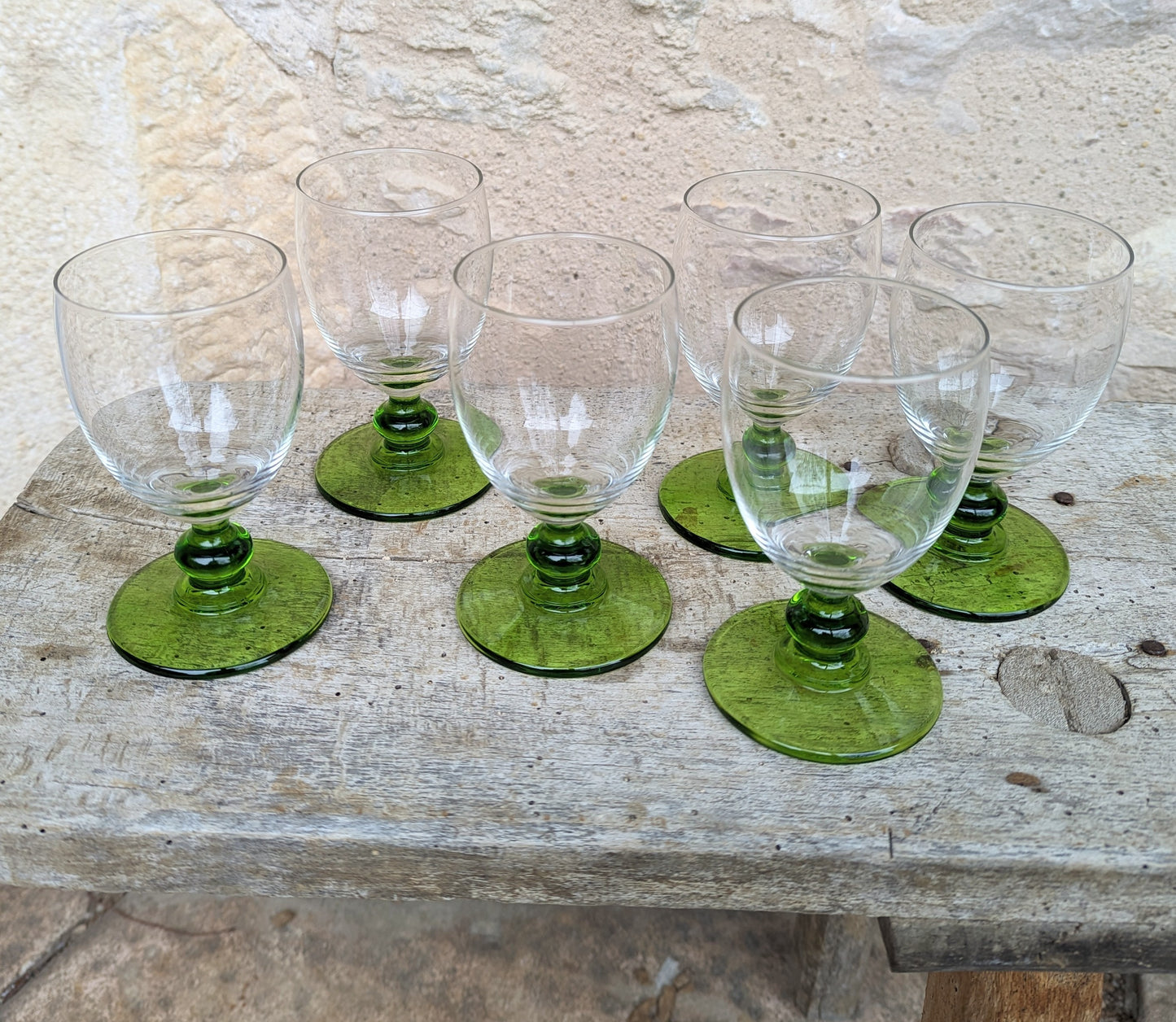 Set of Six Green Stemmed White Wine Glasses