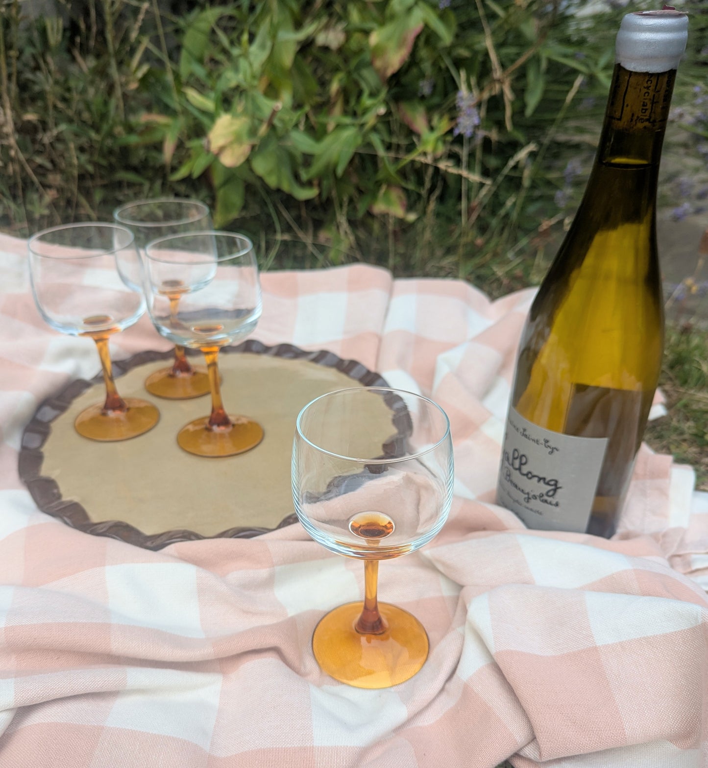 Set of Four Tall Amber Stemmed French Vintage Wine Glasses