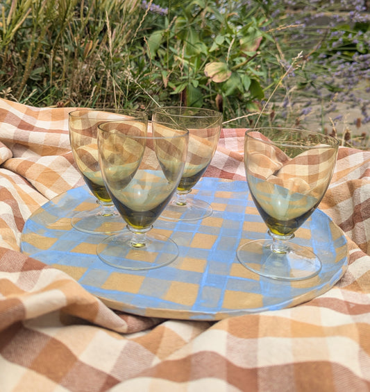 Set of Four French Vintage Olive Green Stem Glasses