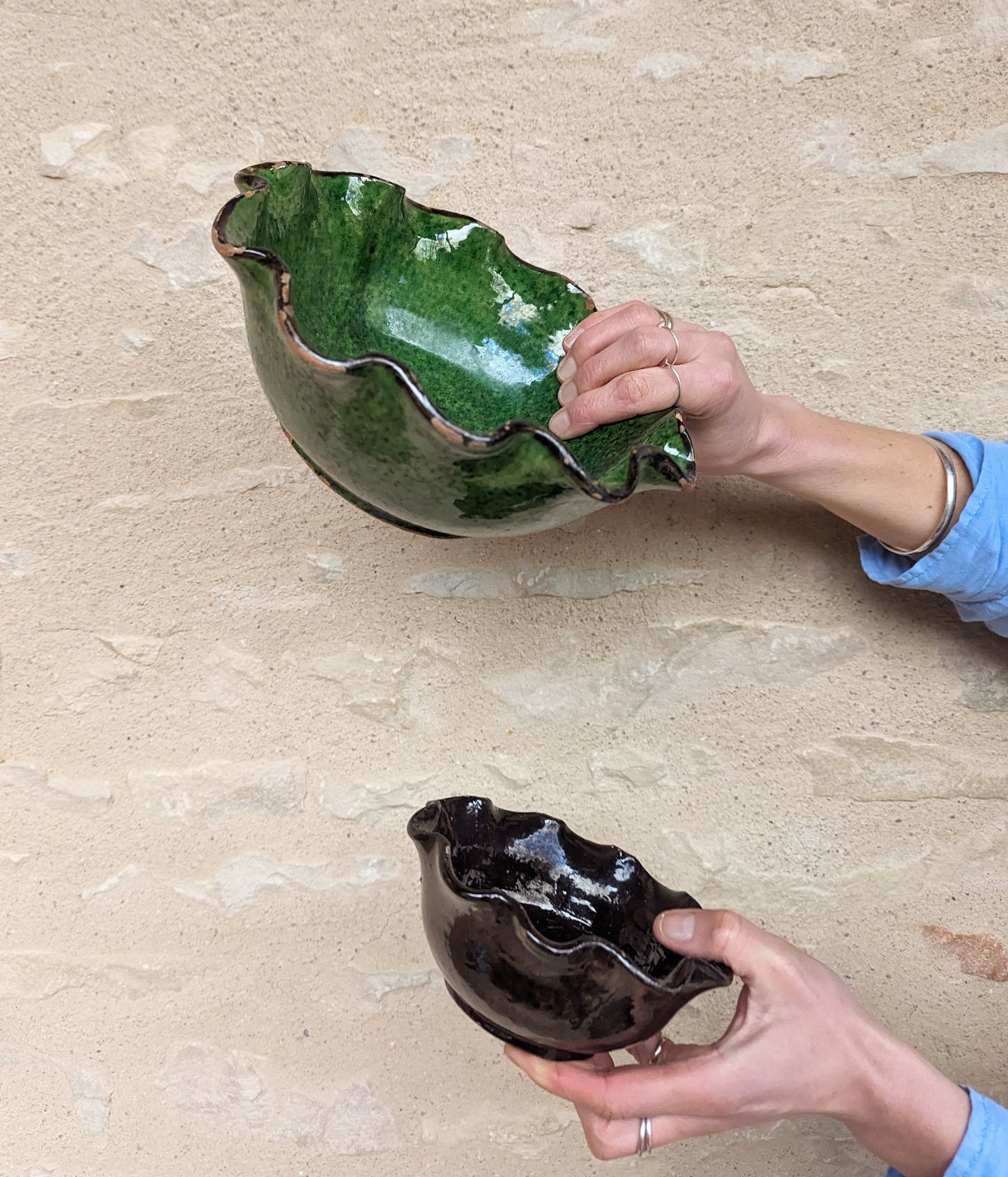 Pair of Vintage French Green & Black Scalloped Bowls